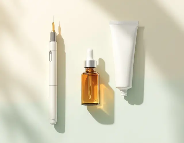 A white injector pen, an amber-glass dropper bottle, and a white cosmetic tube on a soft cream and sage background